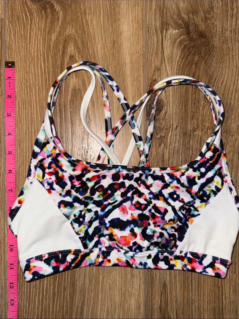Athleta White Strappy Sports Bra with Multicolor Floral Trim